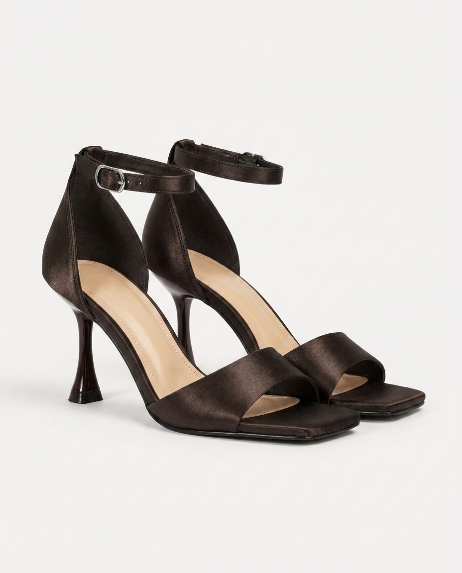 SATIN HEELED SANDALS – ESPRESSO