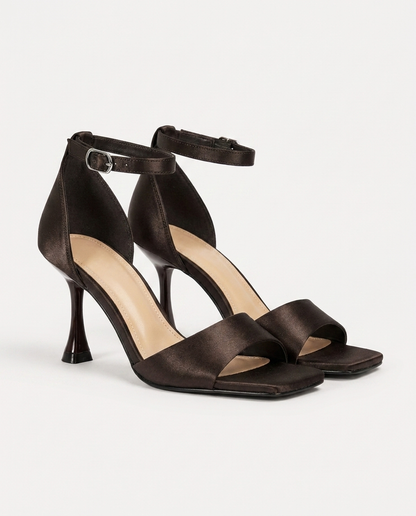 SATIN HEELED SANDALS – ESPRESSO