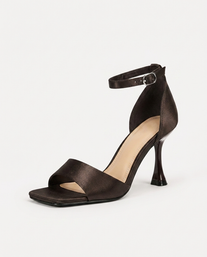 SATIN HEELED SANDALS – ESPRESSO