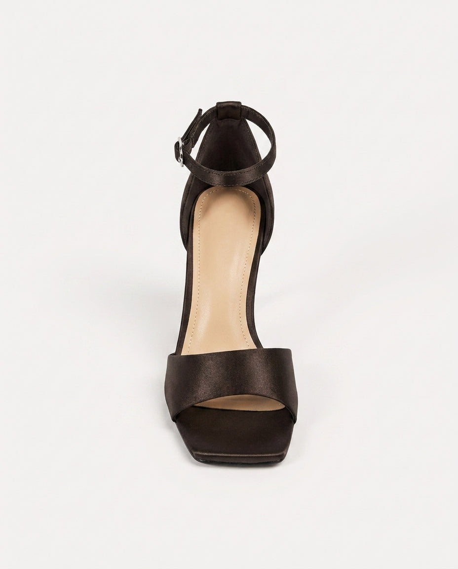 SATIN HEELED SANDALS – ESPRESSO